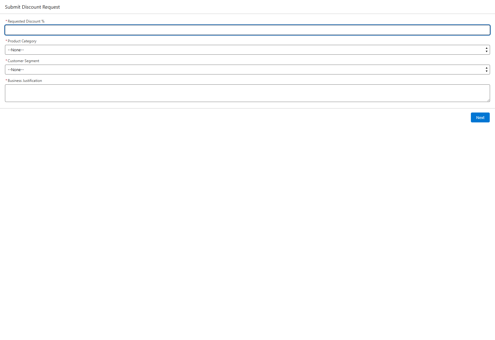 The Submit Discount Request screen flow, where a rep enters the requested discount percentage, product category, customer segment, and a business justification