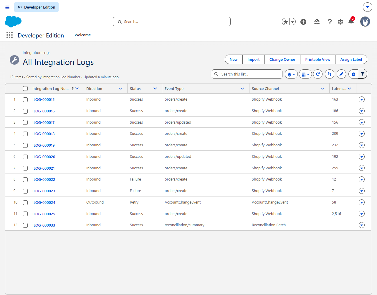 The Integration Log list in Salesforce: inbound order webhooks, an outbound customer sync, a failure, and a reconciliation pass, each with direction, status, and latency