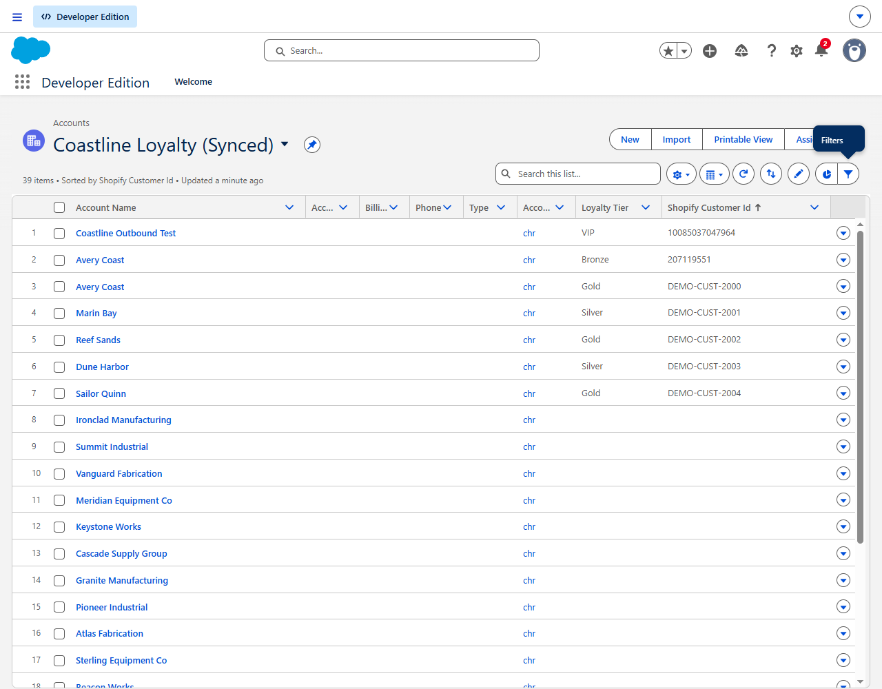 A Salesforce account list view showing each account's loyalty tier and the Shopify customer id it links to