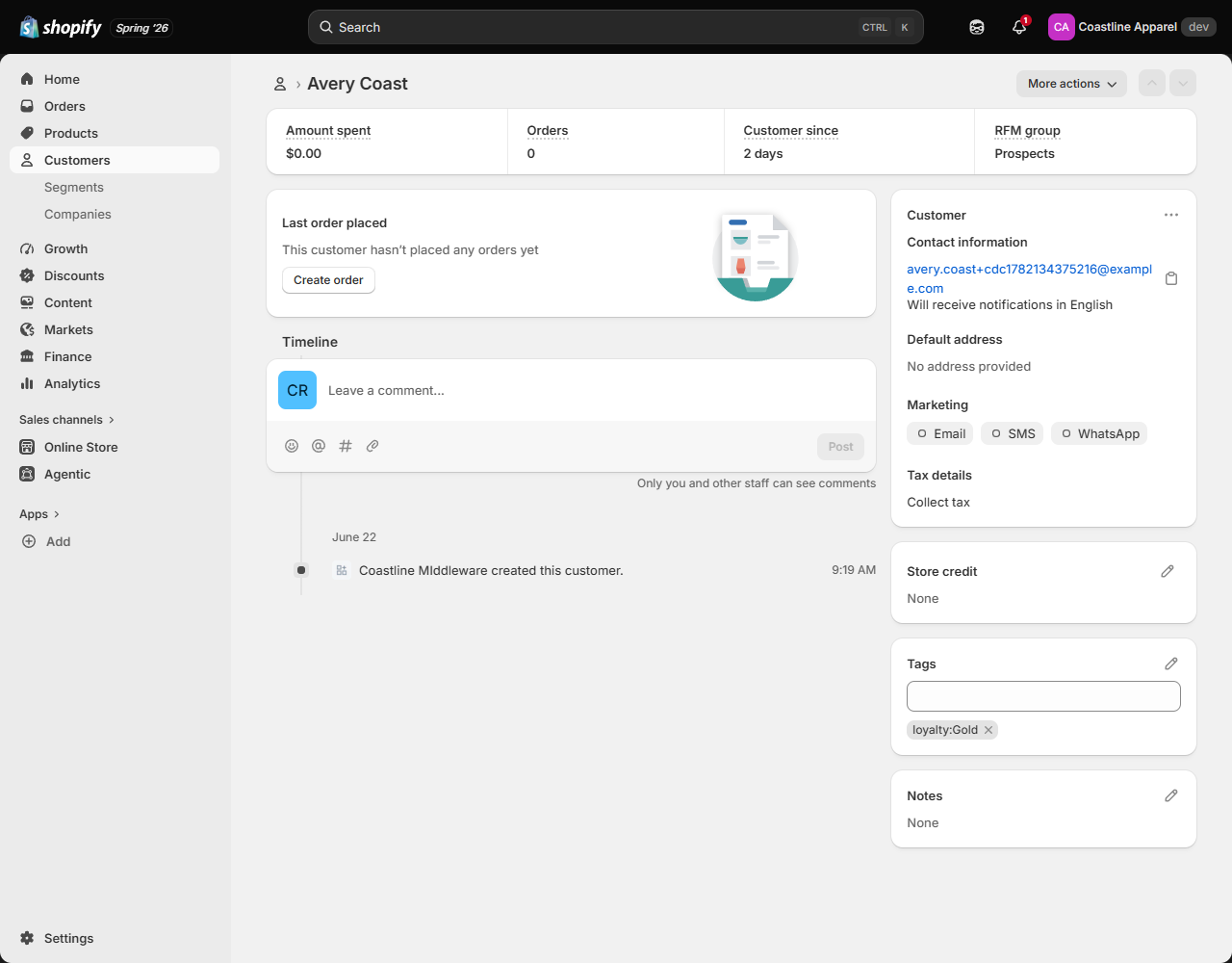 A Shopify customer record showing a loyalty:Gold tag and a timeline entry that the Coastline middleware created the customer