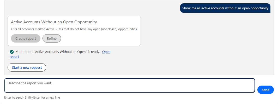 The NorthStar chat: the user asks for all active accounts without an open opportunity, NorthStar proposes a report called Active Accounts Without an Open Opportunity with a one-line description, and after the user clicks Create report a confirmation shows with a link to open the new report