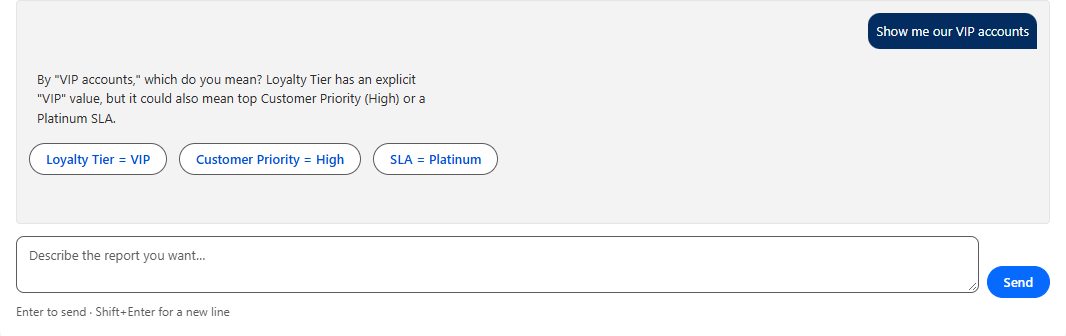 The NorthStar chat in Salesforce: the user asks for VIP accounts, and the assistant asks which definition they mean, offering three options drawn from the org's fields: Loyalty Tier equals VIP, Customer Priority equals High, or SLA equals Platinum