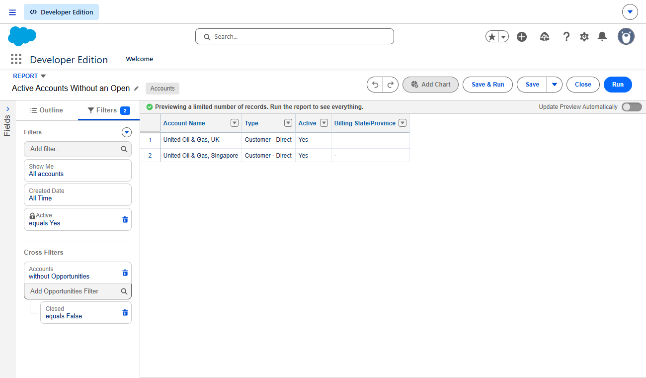 The created report open in the standard Salesforce Report Builder. The filters panel shows All accounts, Created Date All Time, Active equals Yes, and a cross filter of Accounts without Opportunities where Closed equals False, with two matching accounts in the preview