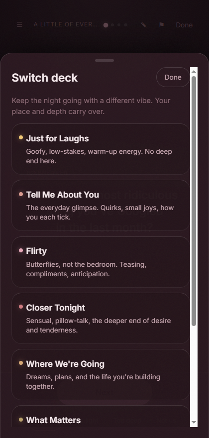 The mid-session deck switcher sheet: a Switch deck heading with a Done button, the note your place and depth carry over, and a list of other decks to switch to